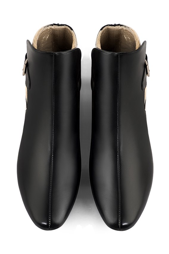 Satin black women's ankle boots with buckles at the back. Round toe. Flat block heels. Top view - Florence KOOIJMAN